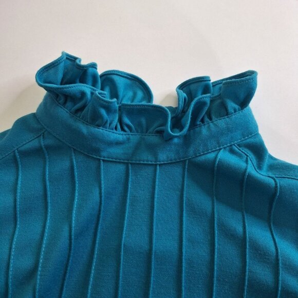 JCPenney Fashions Blue Dress Long Ruffle High Neck Pockets Tie Vintage Womens 14 - Picture 15 of 16